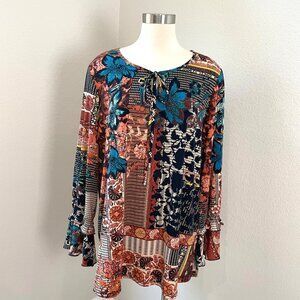 Susan Graver Womens Plus 1X Patchwork Floral Tunic Top Long Sleeve Boho Shirt